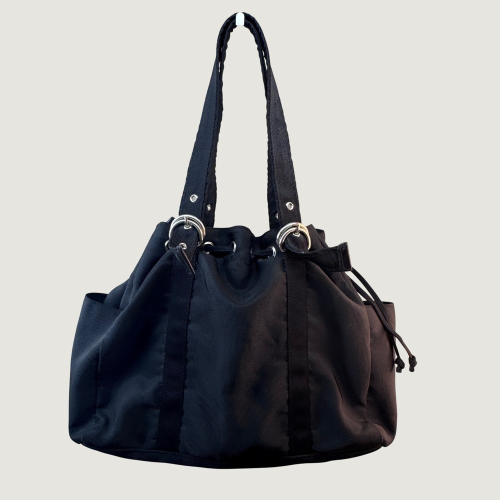 Kenneth Cole Reaction Tote Bag Black Nylon Y2K Utilitarian Boho Drawstring